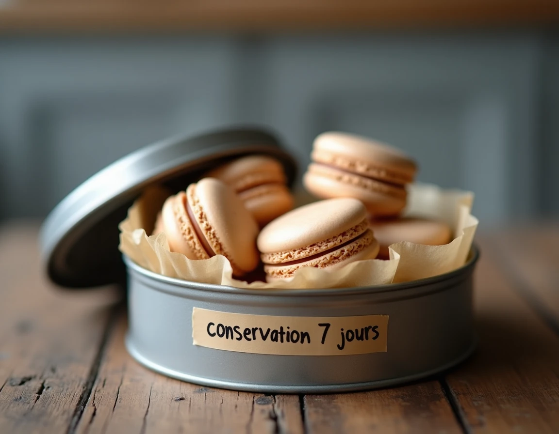 Gros plan sur des coques de macarons vides conservées dans une boîte métallique hermétique tapissée de papier sulfurisé avec une étiquette de durée de conservation