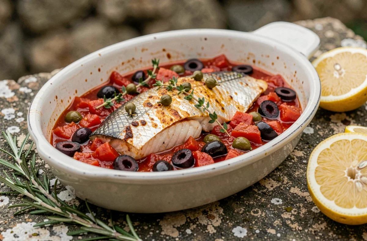 Gros plan d'un filet de julienne doré dans une sauce méditerranéenne aux tomates, olives et câpres dans un plat à gratin