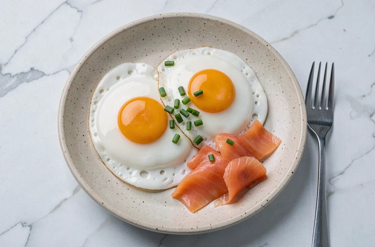 Gros plan d'œufs au plat avec saumon fumé et ciboulette sur marbre blanc pour un petit déjeuner protéiné équilibré