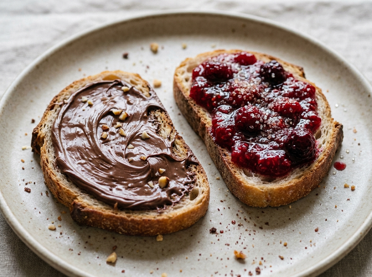Gros plan de deux tartines côte à côte avec pâte à tartiner chocolat noisette et confiture de framboises sur assiette céramique