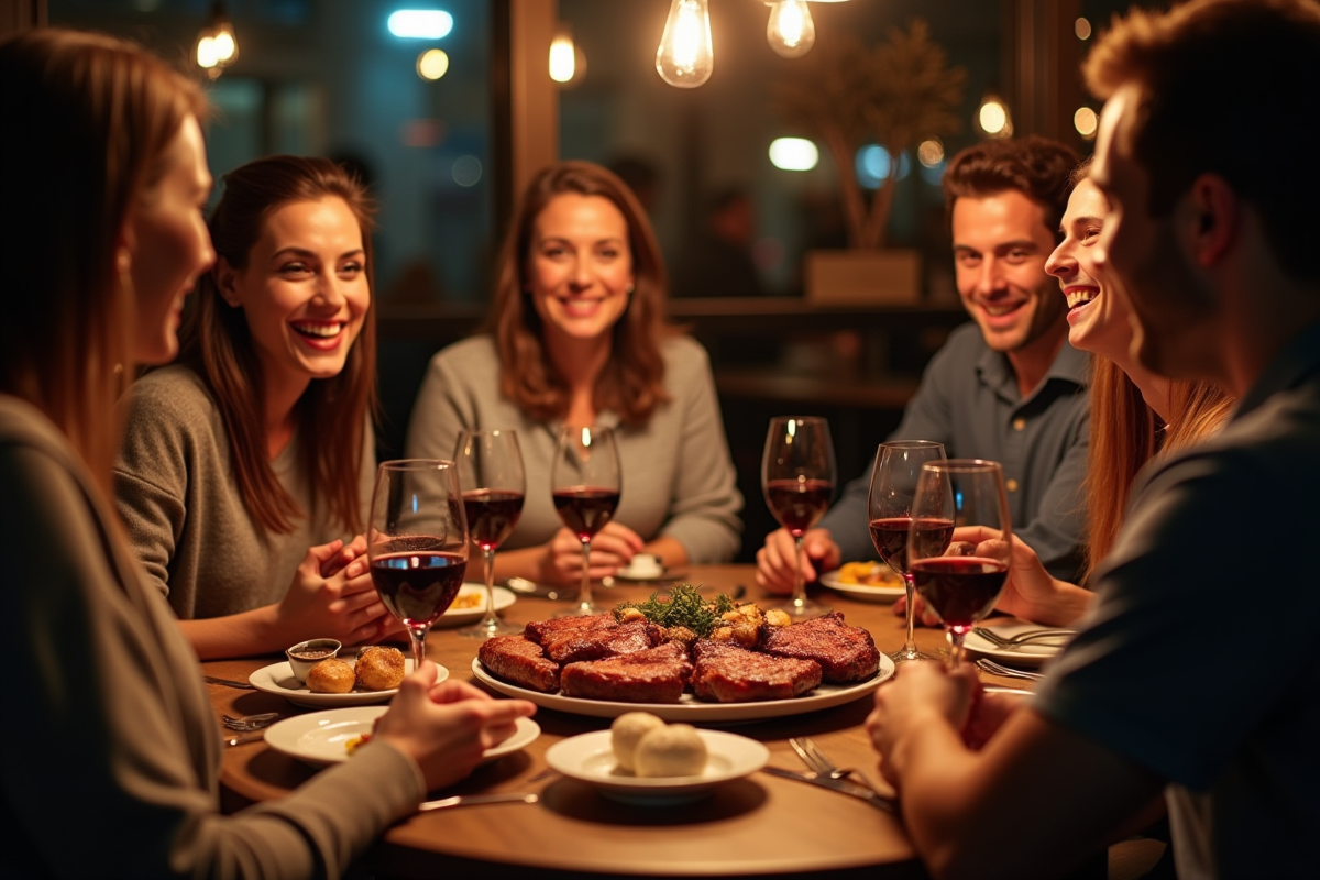 Groupe d amis dégustant un plateau de viandes grillées à Rennes