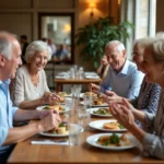 Groupe de locaux souriants autour d'une table au restaurant Mille Philippe