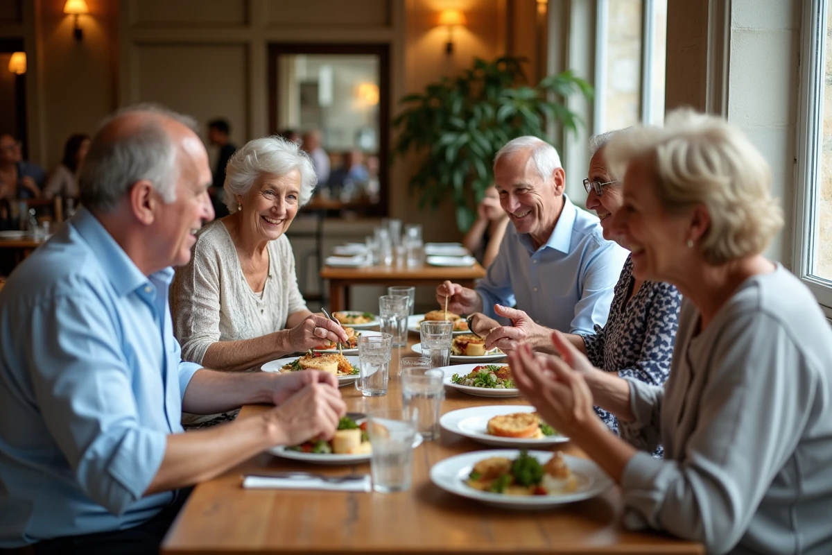 Groupe de locaux souriants autour d'une table au restaurant Mille Philippe