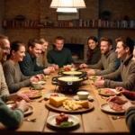 Groupe d'adultes dégustant une raclette chaleureuse