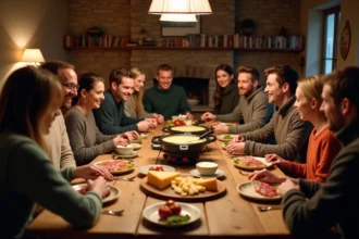 Groupe d'adultes dégustant une raclette chaleureuse