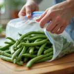 Haricots verts frais placés dans des sacs de congélation
