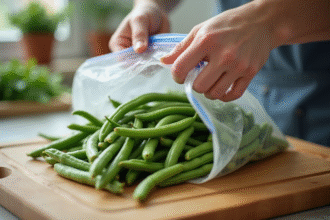 Haricots verts frais placés dans des sacs de congélation