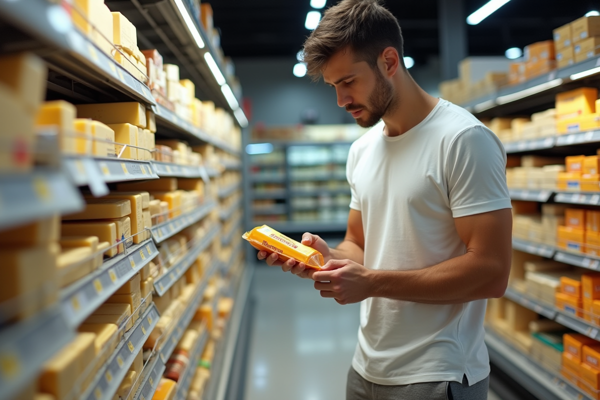 Jeune homme achetant du fromage dans un supermarche
