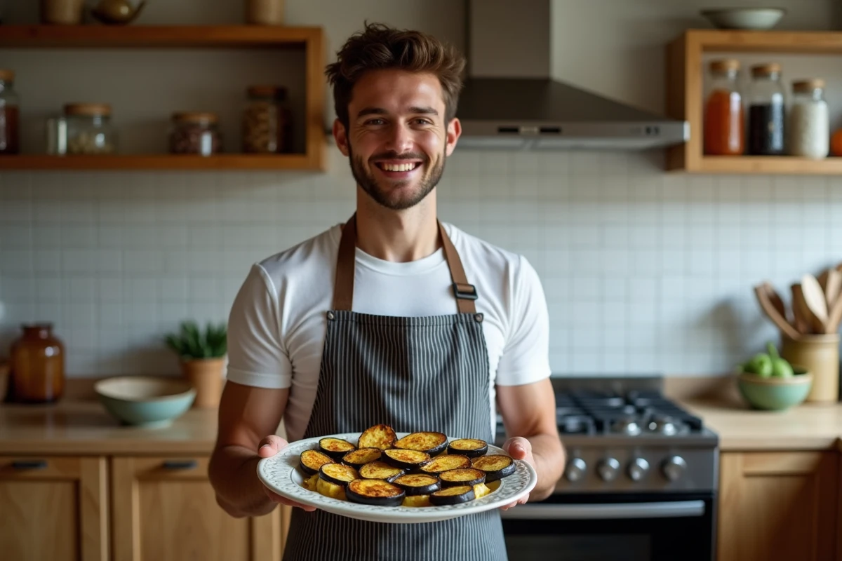 Homme souriant avec aubergines rôties dans la cuisine