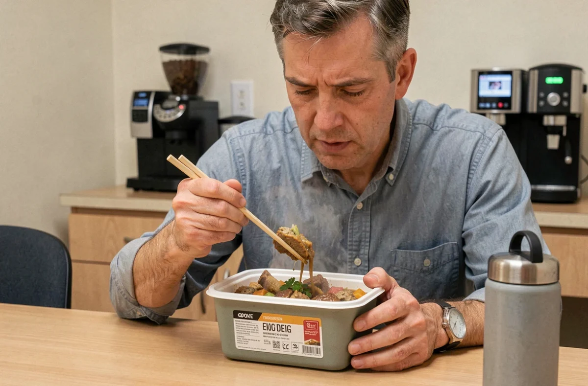 Homme mangeant un repas chaud depuis une boîte isotherme dans la salle de pause du bureau