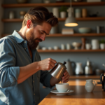 Homme versant espresso avec moka en cuisine chaleureuse