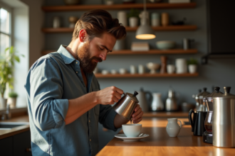 Homme versant espresso avec moka en cuisine chaleureuse