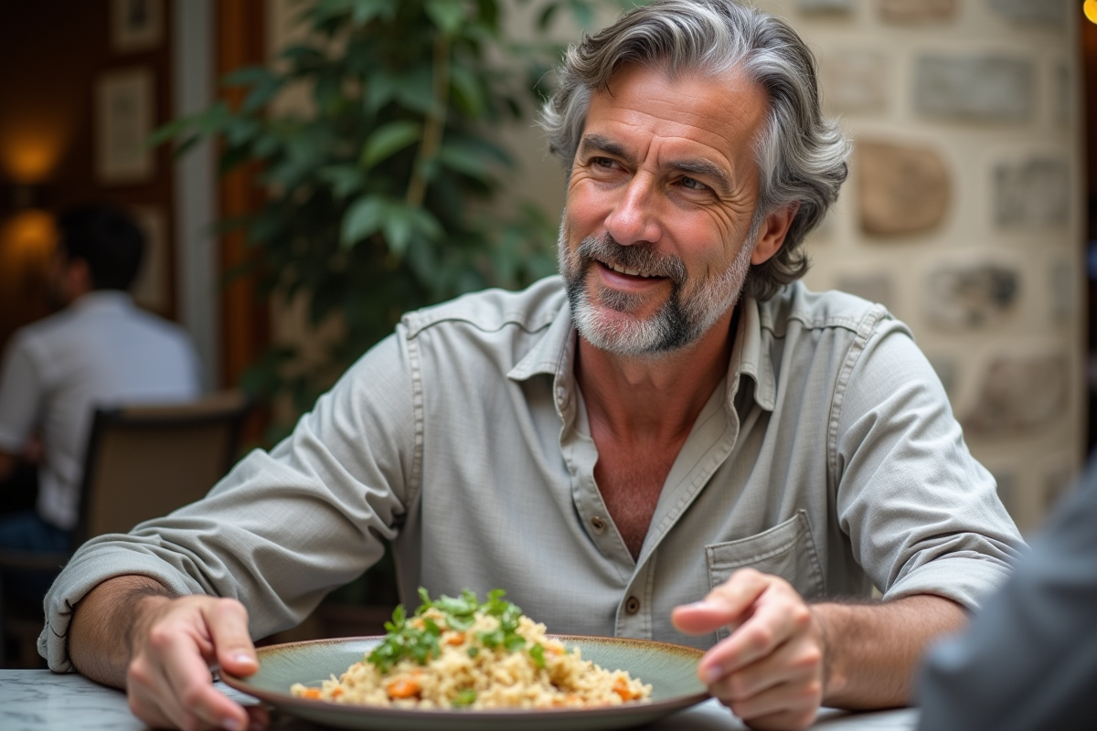 Homme dégustant une salade de riz vegan dans un café extérieur