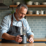 Homme concentré inspectant un blender moderne en cuisine