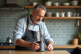 Homme concentré inspectant un blender moderne en cuisine