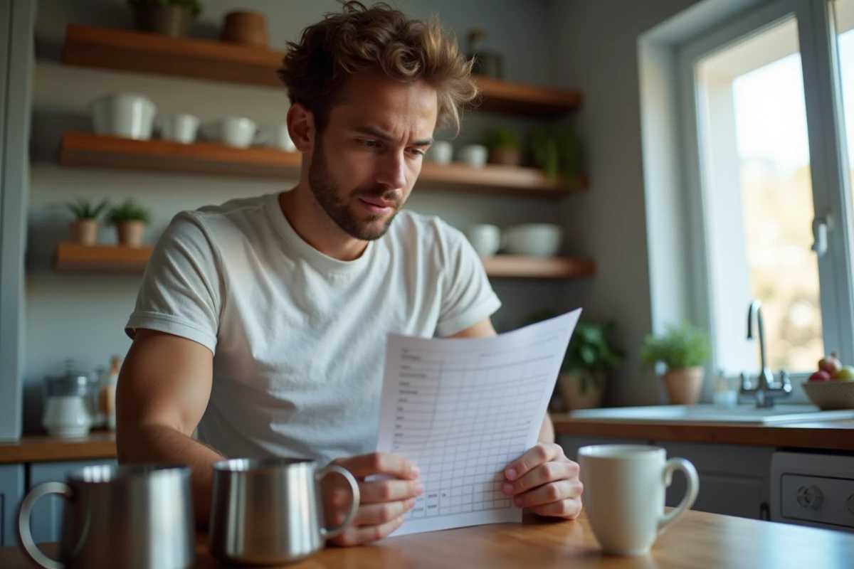 Jeune homme regardant un tableau de conversion en cuisine