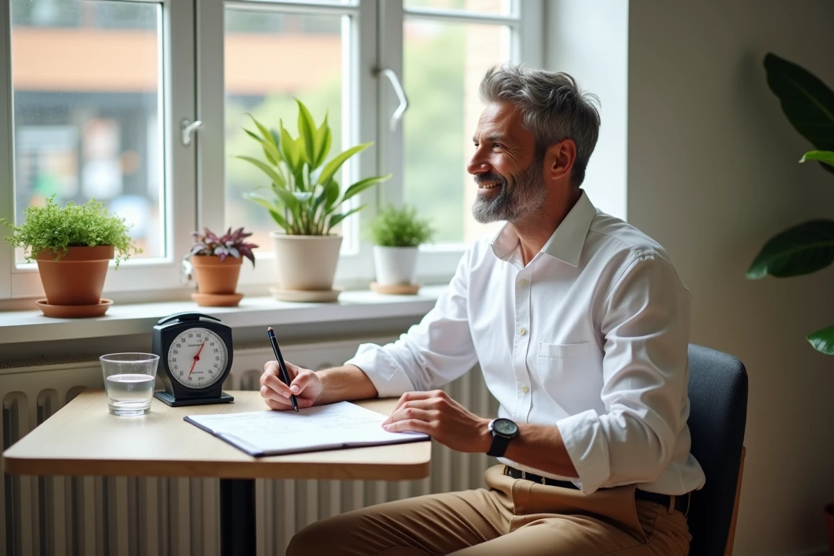 Homme notant des conversions dans une cuisine lumineuse