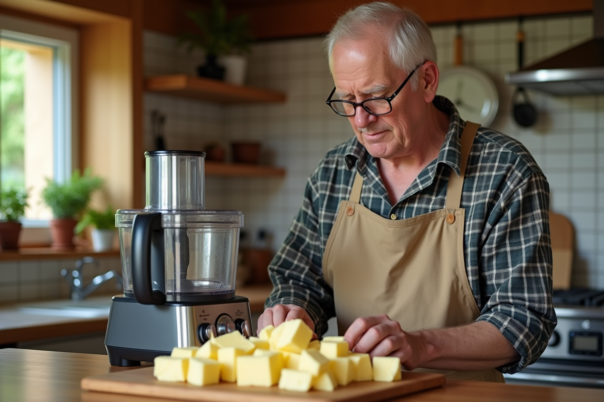 Homme âgé examinant du beurre haché dans une cuisine chaleureuse