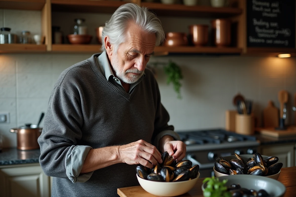 Homme âgé inspectant un bol d