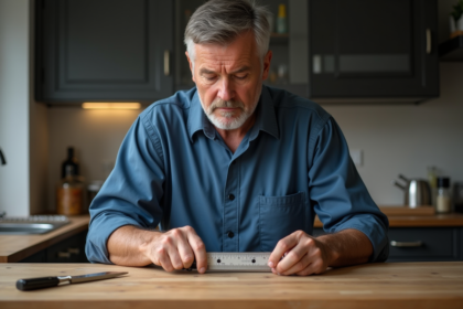 Homme en chemise bleue mesurant l'angle de la lame