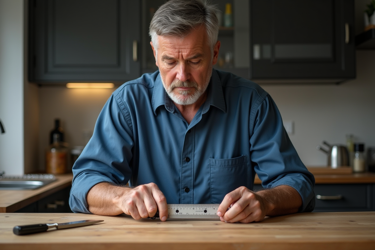 Homme en chemise bleue mesurant l'angle de la lame