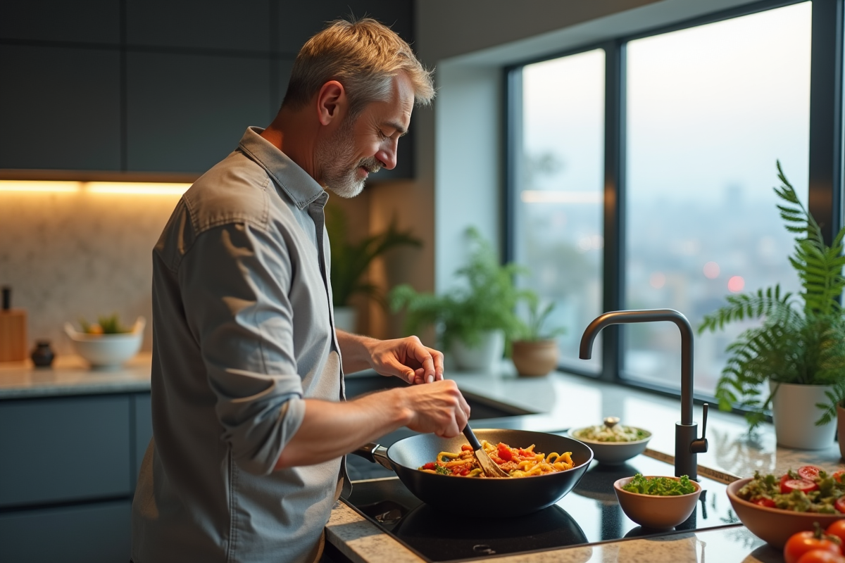 Homme préparant un stirfry coloré dans la cuisine