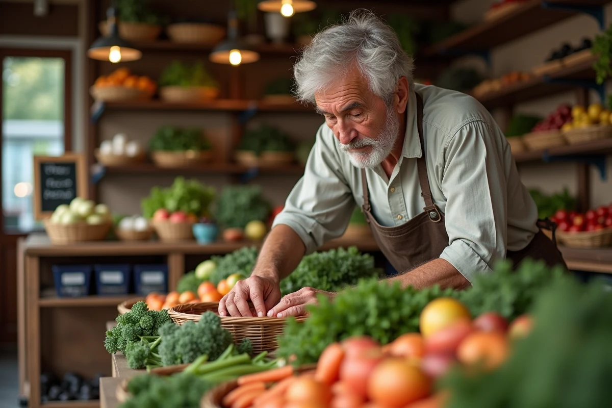 Homme âgé arrangeant des légumes dans une épicerie chaleureuse