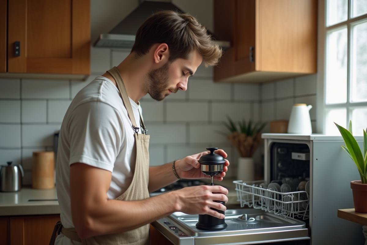 Jeune homme inspectant une French press démontée dans la cuisine