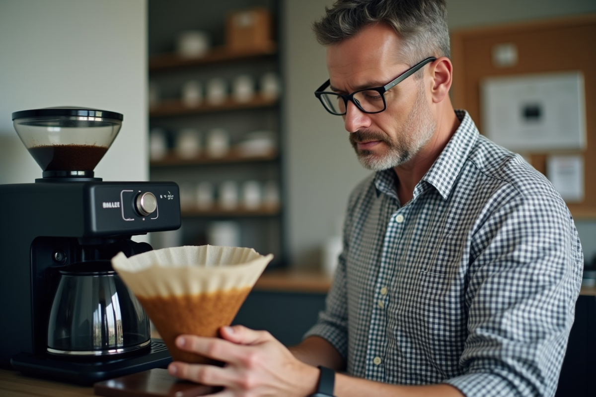 Homme d age examine filtre a cafe surcharge dans un bureau