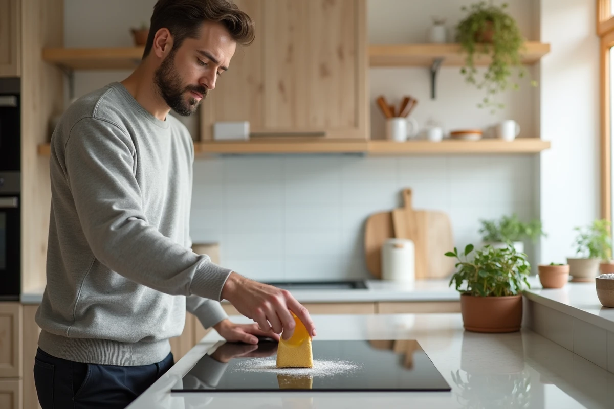 Homme utilisant une spatule pour nettoyer une plaque de cuisson