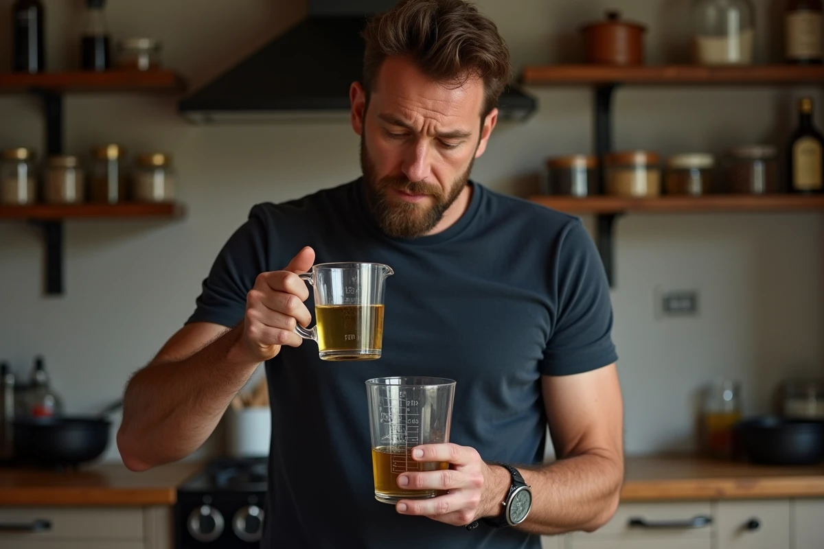 Homme lisant le niveau de 40cl dans un verre doseur pour estimer le poids en grammes d'une recette salée