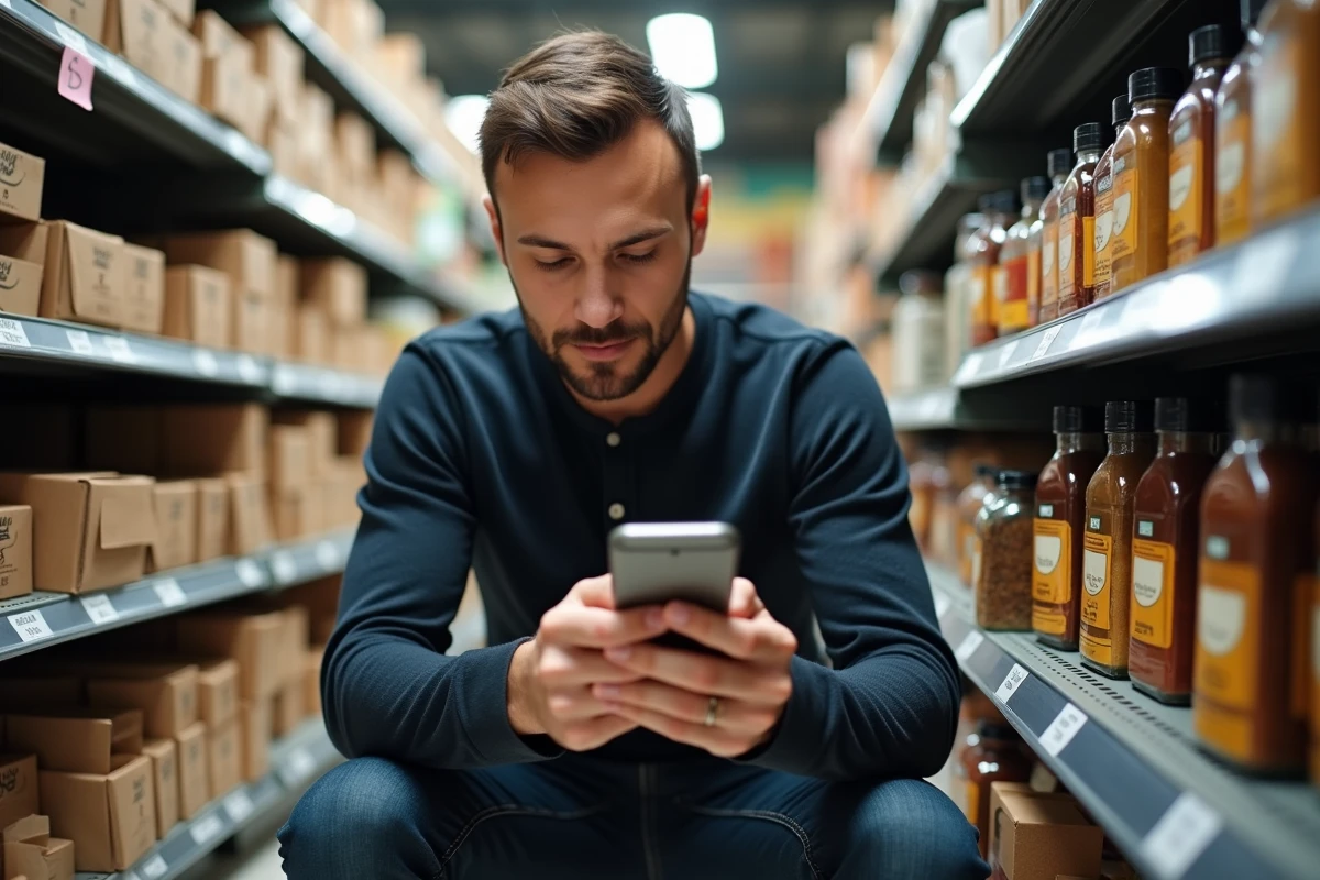 Homme comparant une liste d'épices numérique sur smartphone avec les étiquettes de produits dans un rayon de supermarché