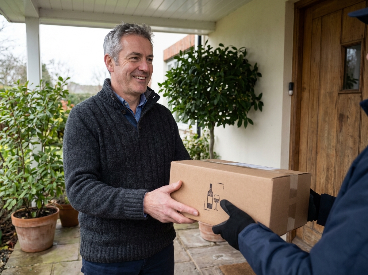 Homme recevant un colis de vin devant sa maison avec un livreur