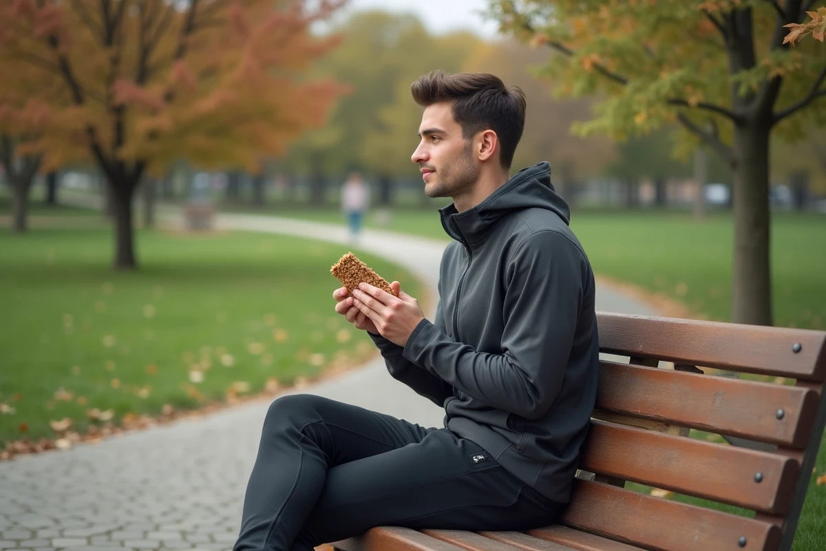 Jeune homme dans le parc dégustant une barre de granola