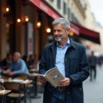 Homme d'âge moyen regardant un livret Michelin dans une rue parisienne