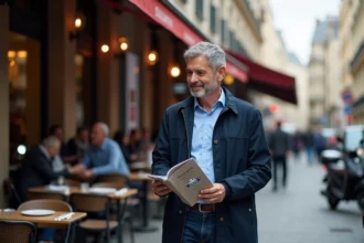 Homme d'âge moyen regardant un livret Michelin dans une rue parisienne