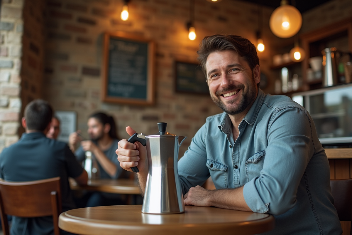 Homme pressant le percolateur dans un café animé