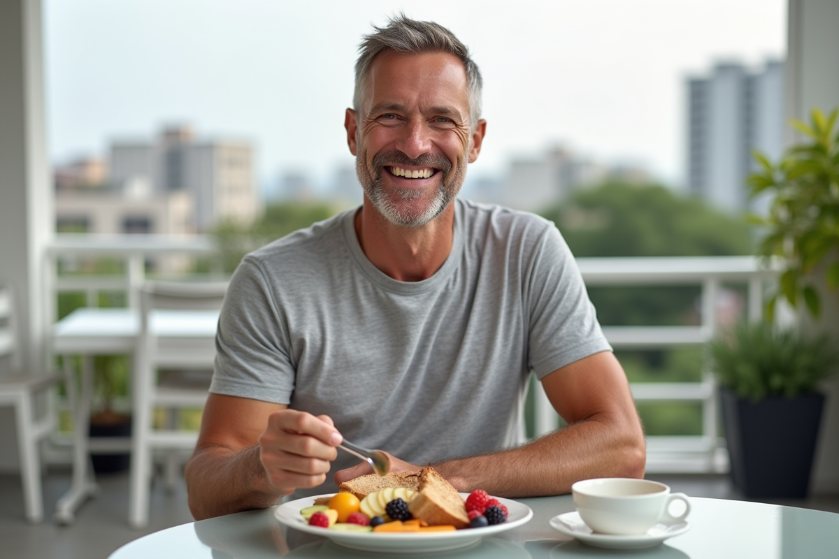 Homme souriant dégustant un petit déjeuner en extérieur