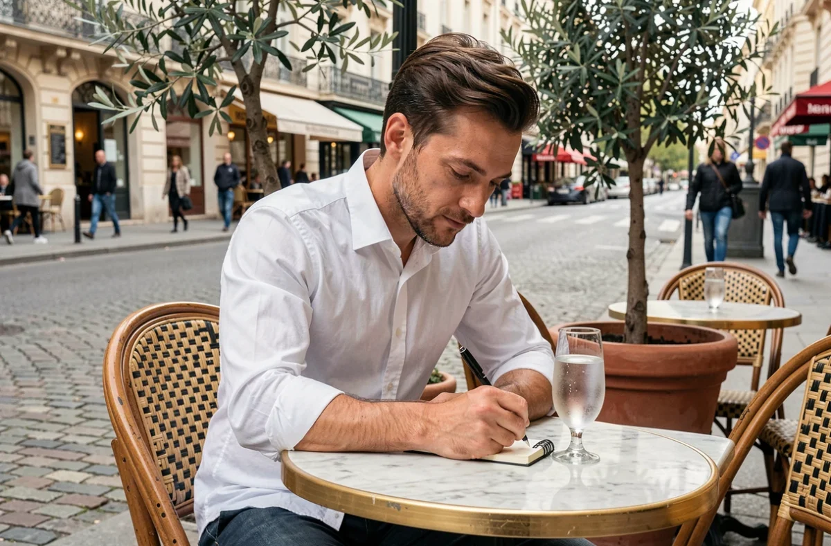 Homme planifiant sa réservation dans un restaurant parisien en terrasse avec un carnet