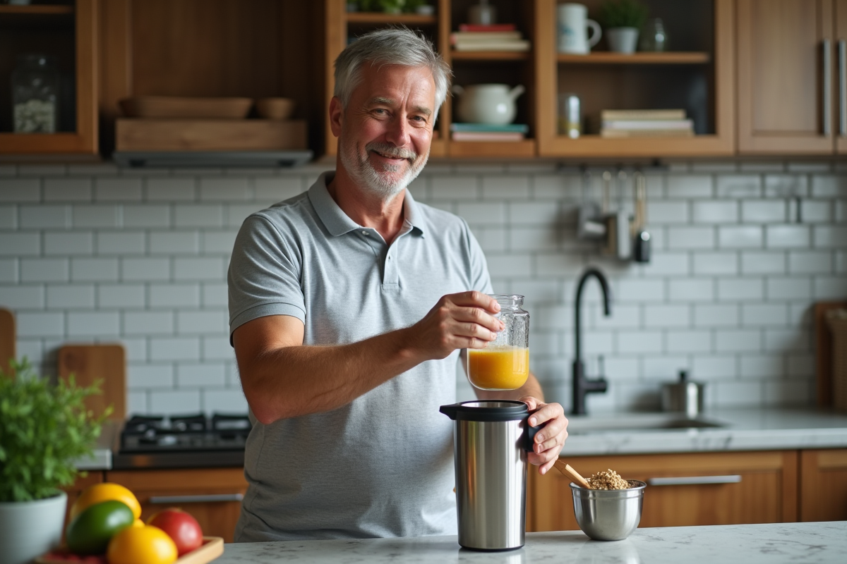 Homme prépare un smoothie avec un blender dans une cuisine chaleureuse