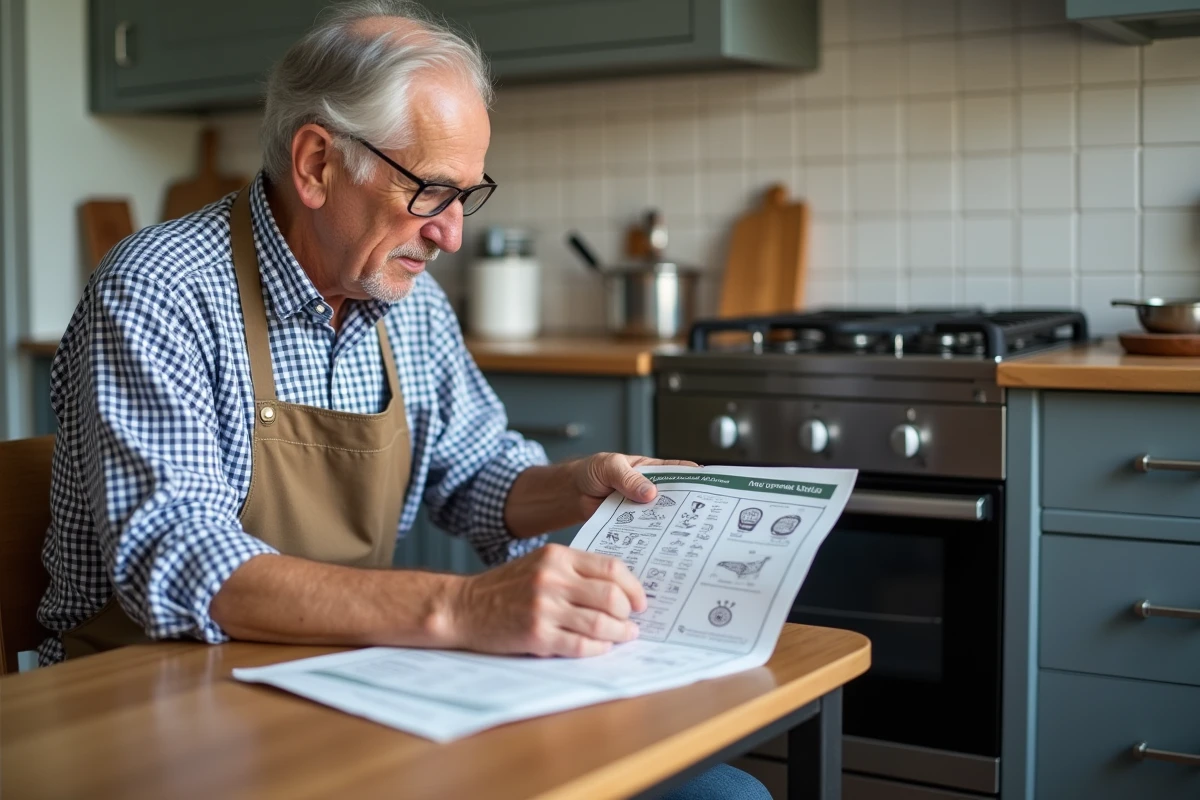 Homme âgé programmant un four multifonction avec guide