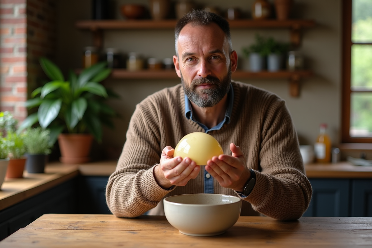 Homme tenant un scoby dans une pièce ensoleillée rustique