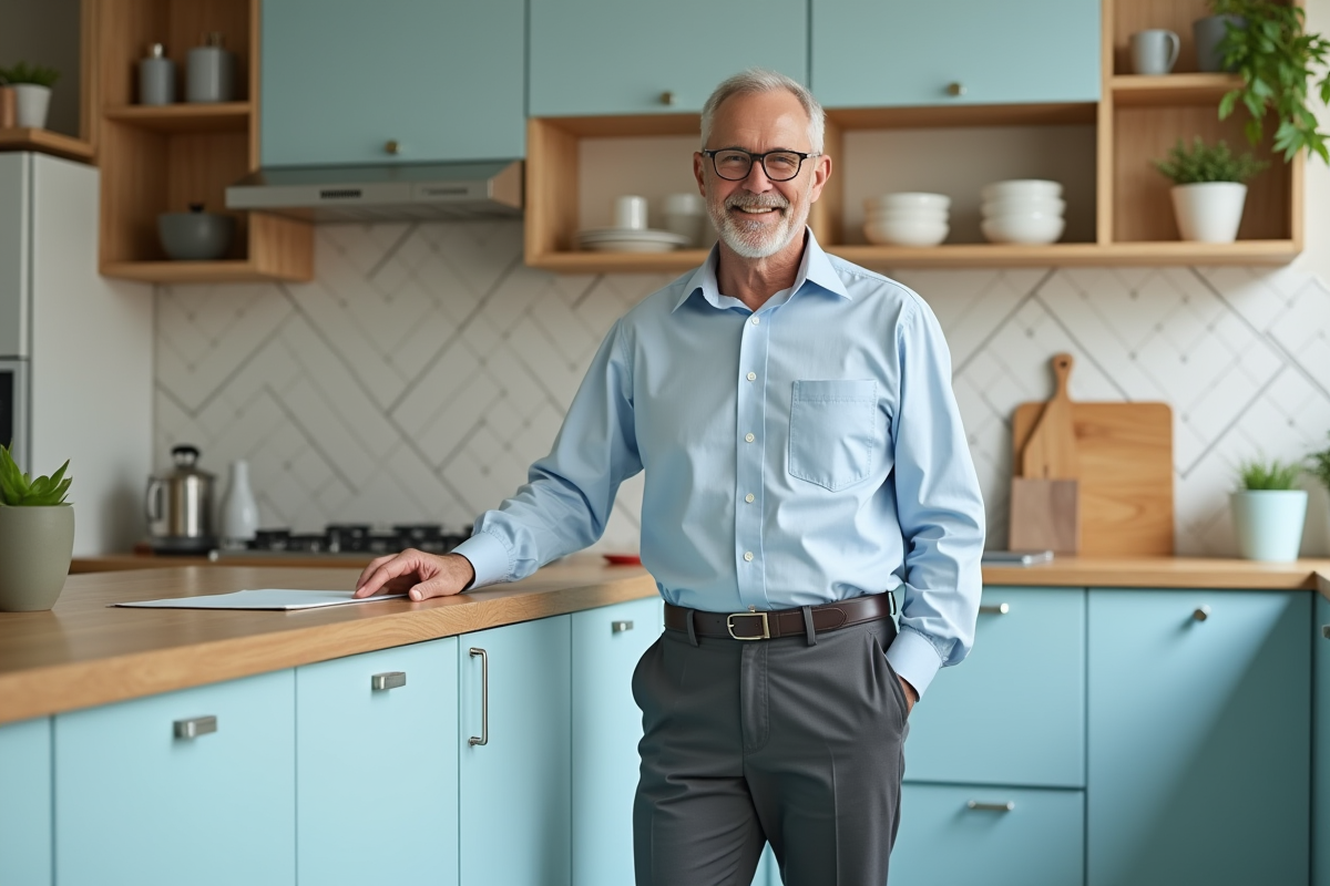Homme souriant tient un échantillon de couleur dans une cuisine chaleureuse