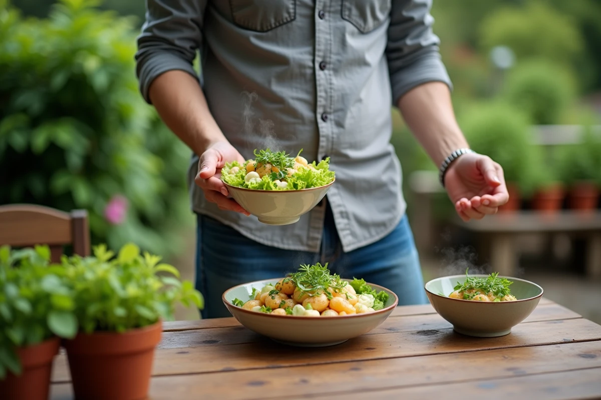 Homme servant une potée dans un jardin en plein air