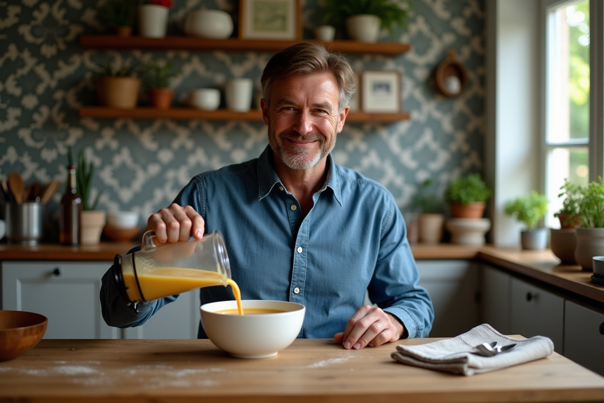 Homme versant une soupe dans un bol en cuisine chaleureuse