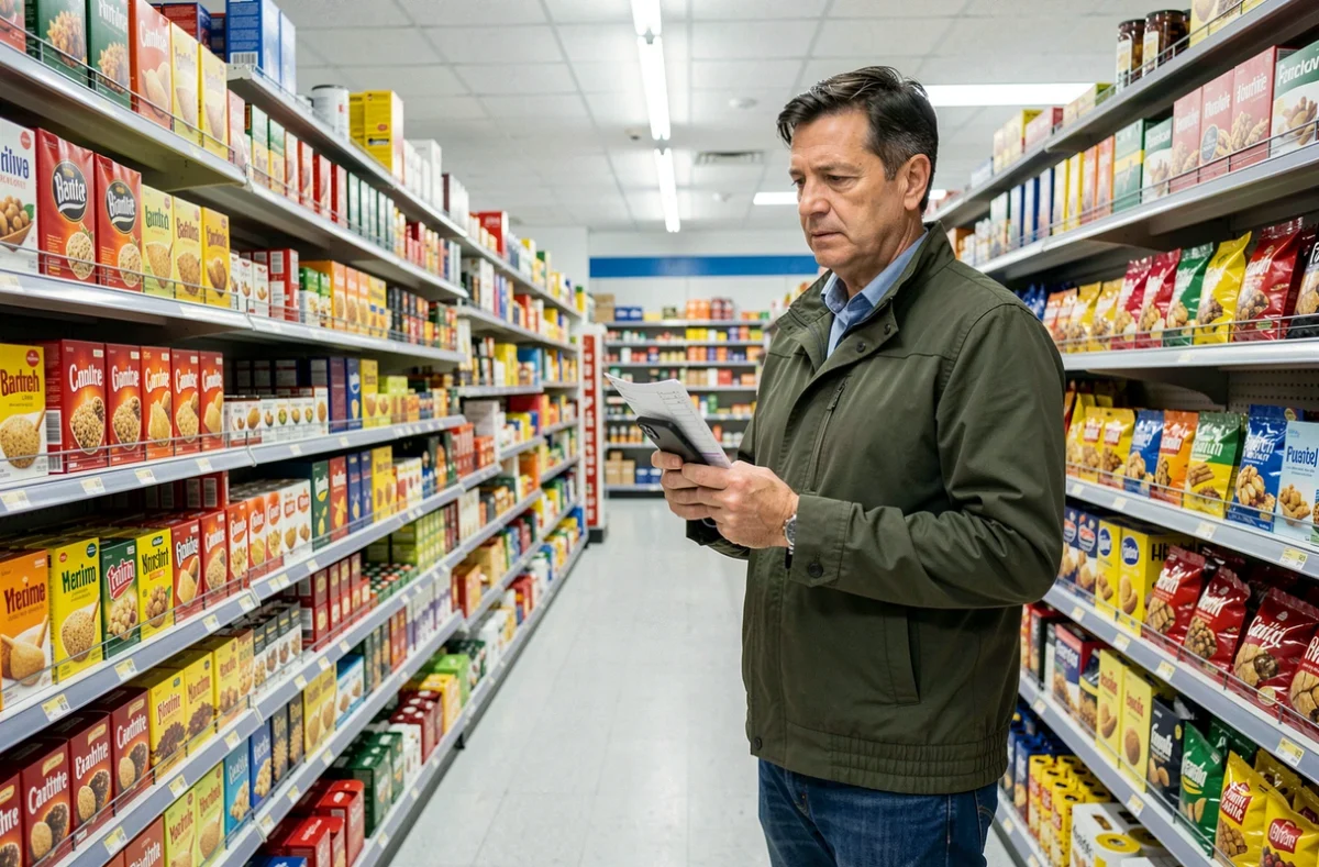 Homme hésitant dans le rayon d'un supermarché classique en comparant ses habitudes de consommation