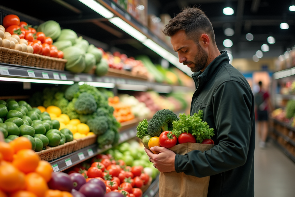 Homme vérifiant légumes et protéines dans le supermarché