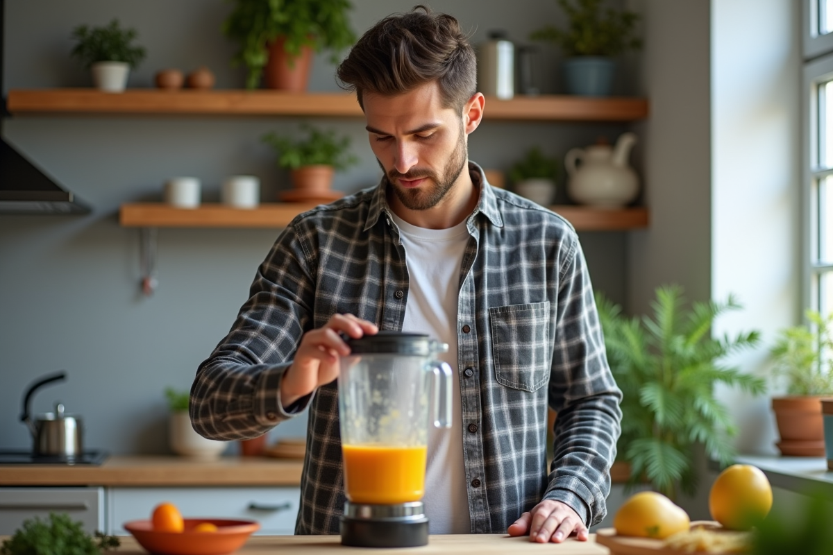Homme vérifiant le couvercle du blender avec soupe dans une cuisine lumineuse