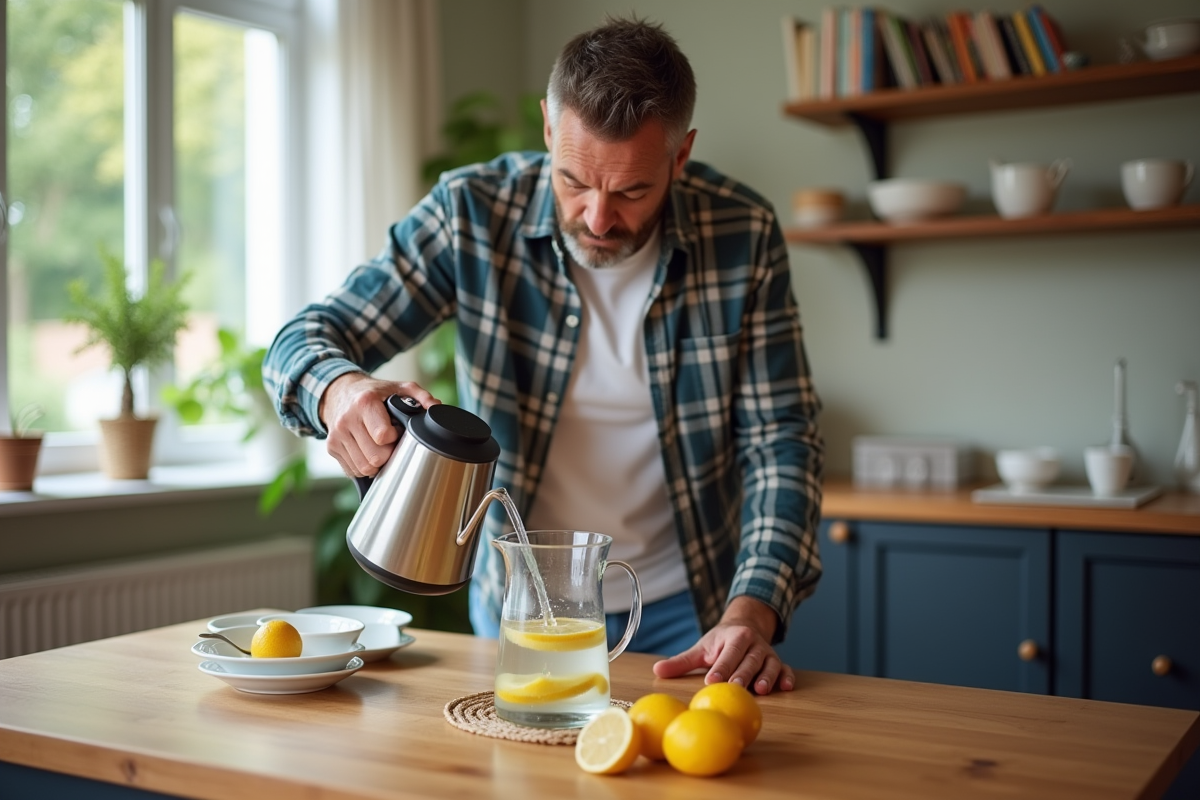 Homme versant eau citronnée dans un kettle sur la table