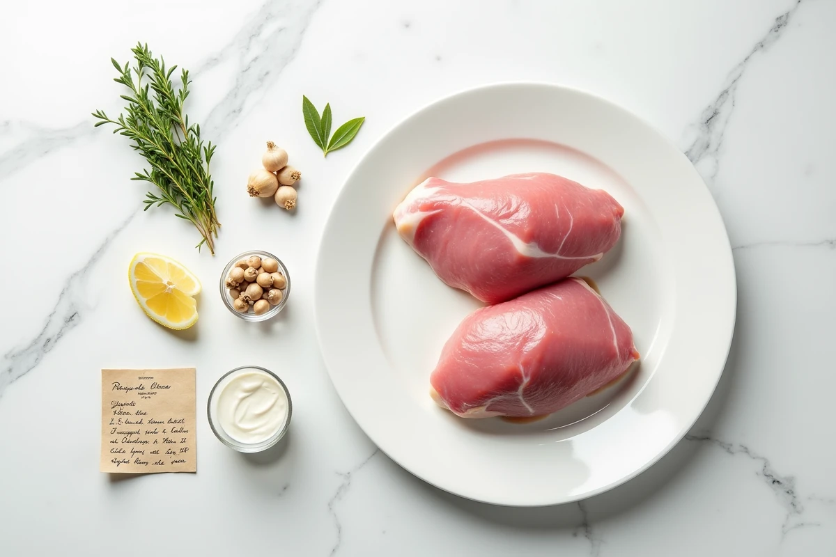 Ingrédients pour une blanquette de veau pour deux personnes disposés en flat-lay sur marbre blanc avec fiche recette
